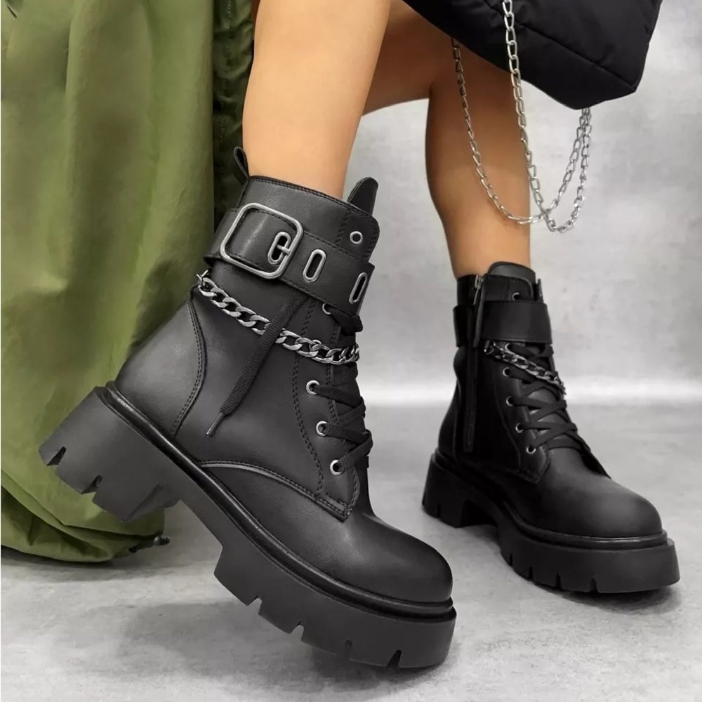 Black Lace Up Faux Leather Sugar Combat Boots - NWOT